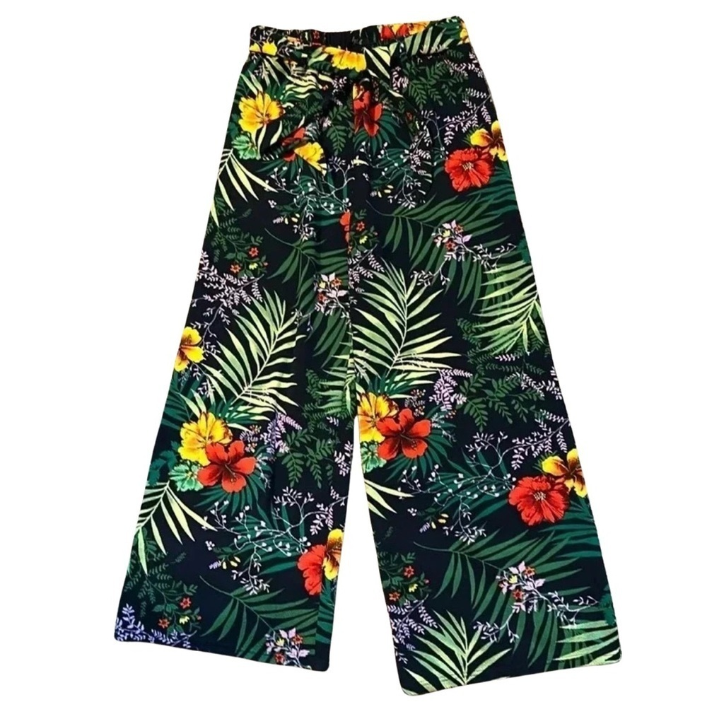Lipslide‎ XL Black w/colorful Tropical Floral Pants, Elastic Waist w/Tie Details